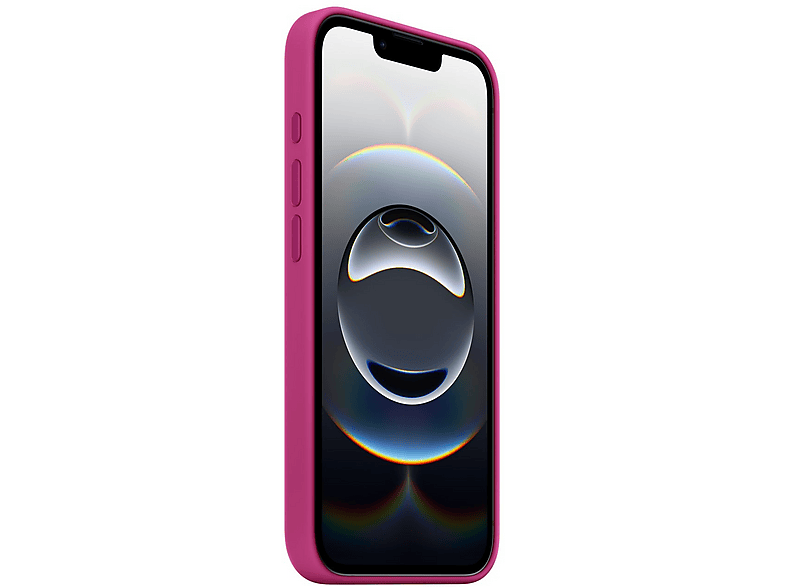 Coque de téléphone rose sur un téléphone, vue latérale, avec écran noir.