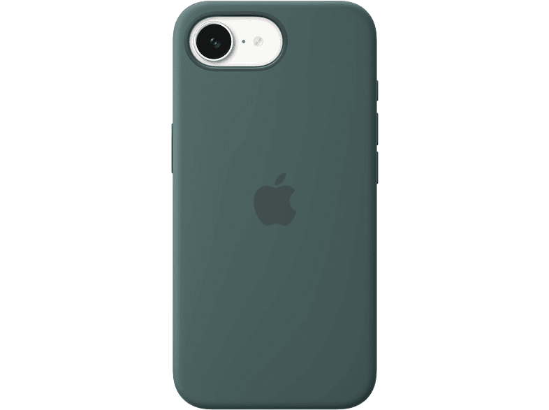 Une coque d'iPhone sarcelle avec un logo Apple. L'objectif et le flash de l'appareil photo sont visibles.