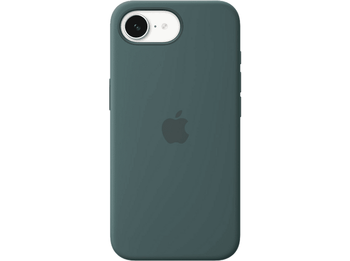 Une coque d'iPhone sarcelle avec un logo Apple. L'objectif et le flash de l'appareil photo sont visibles.