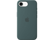 Une coque d'iPhone sarcelle avec un logo Apple. L'objectif et le flash de l'appareil photo sont visibles.