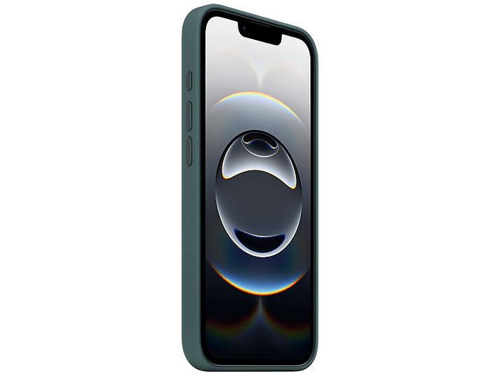 Téléphone sarcelle dans un étui sarcelle, vue en angle. Écran affiche une image abstraite floue.