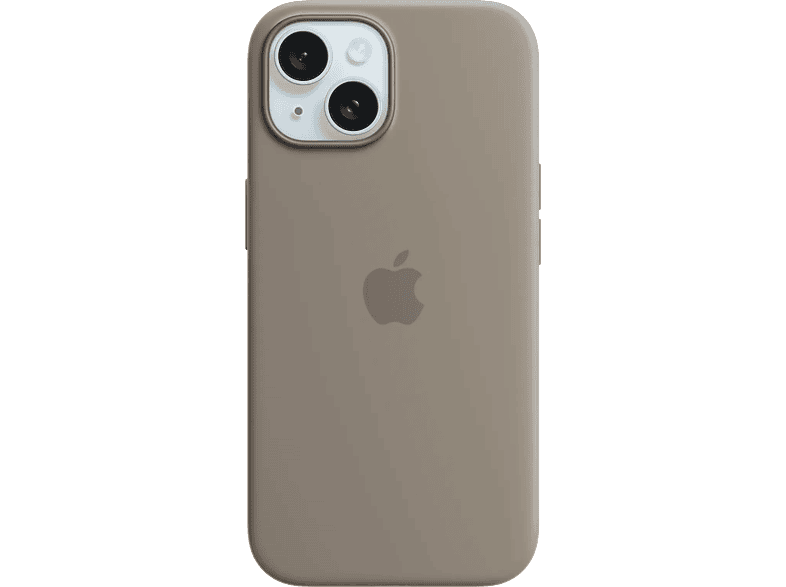 Coque d'iPhone taupe avec bosse de caméra. Un logo Apple centré au dos.