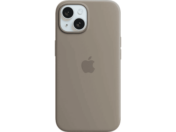 Coque d'iPhone taupe avec bosse de caméra. Un logo Apple centré au dos.