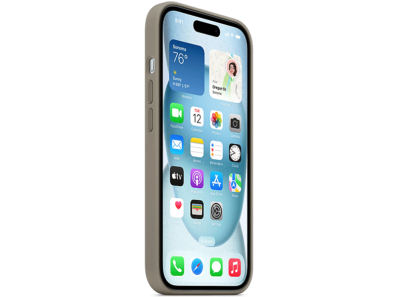 Un iPhone dans un étui montrant l'écran d'accueil avec des widgets météo et calendrier. Fond blanc.