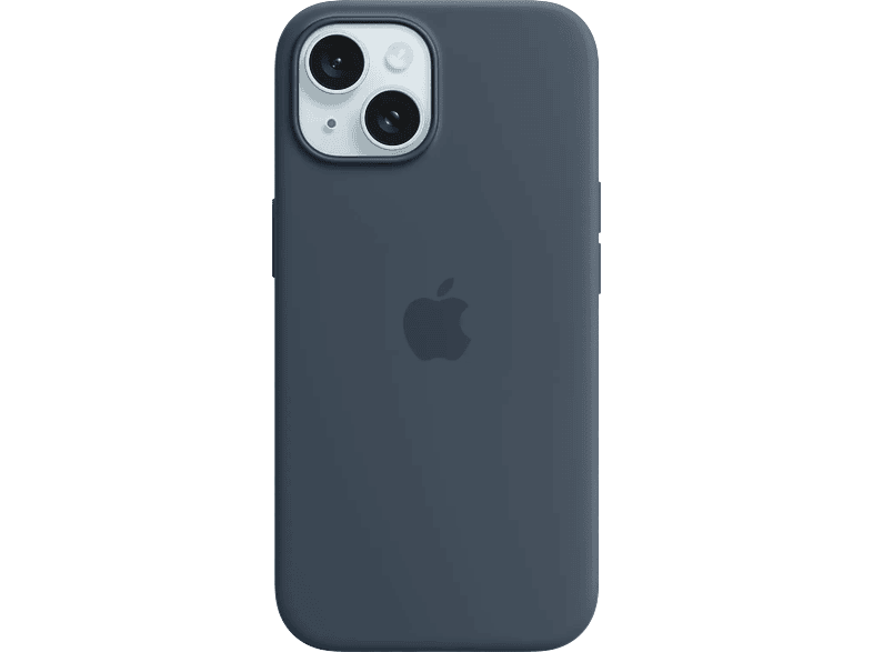 Une coque d'iPhone bleu foncé avec le logo Apple au dos. Les lentilles de l'appareil photo sont visibles.