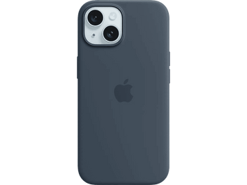 Une coque d'iPhone bleu foncé avec le logo Apple au dos. Les lentilles de l'appareil photo sont visibles.