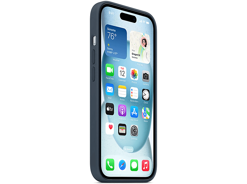 iPhone dans un étui bleu avec des widgets sur l'écran d'accueil.