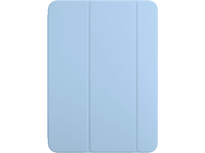 Un étui pour iPad bleu clair. L'étui est fermé et plat. Le fond est noir.
