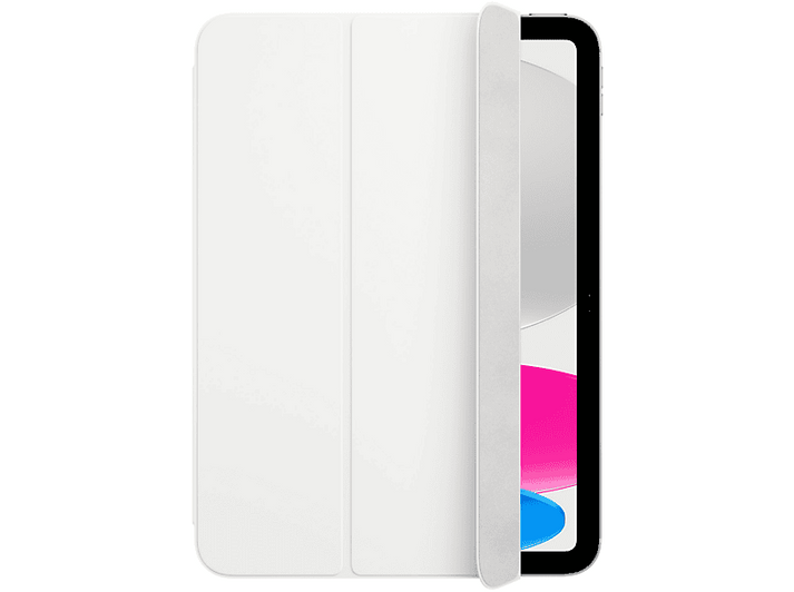 Tablette blanche avec étui intelligent. L'étui est ouvert, révélant l'écran avec des couleurs rose et bleu.
