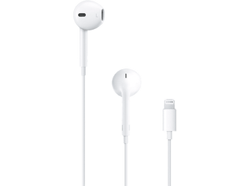 Écouteurs Apple blancs avec connecteur Lightning. Les écouteurs sont connectés à un câble blanc.
