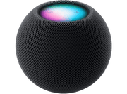 Apple HomePod noir, forme sphérique, avec dessus lumineux, fond noir.