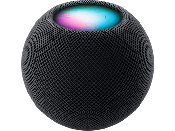 Apple HomePod noir, forme sphérique, avec dessus lumineux, fond noir.