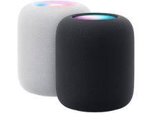 Charger l&#39;image dans la galerie, Deux enceintes Apple HomePod blanches et noires. Les deux ont une lumière colorée sur le dessus.
