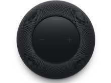 Charger l&#39;image dans la galerie, Apple HomePod noir, vue de dessus, avec surface tactile et boutons de volume plus et moins.
