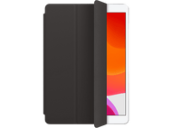 Étui iPad noir, ouvert pour révéler un iPad avec un écran rouge et orange.
