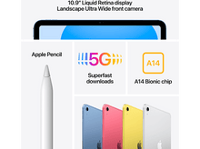 Charger l&#39;image dans la galerie, iPad Air avec fonctionnalités: écran, Apple Pencil, 5G, puce A14 et quatre iPad colorés.
