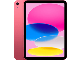 Tablette rose, affichant un design abstrait rose, bleu, blanc et jaune sur l
