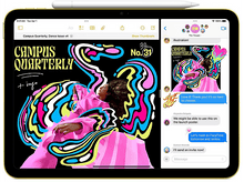 Charger l&#39;image dans la galerie, iPad jaune avec un stylet, affichant une illustration colorée et une interface de chat avec des messages.
