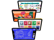 Charger l&#39;image dans la galerie, Cinq iPad affichant différents contenus empilés. Chaque iPad a un cadre de couleur différente.
