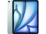 iPad argenté avec un design abstrait bleu clair et blanc sur l'écran, sur fond noir.