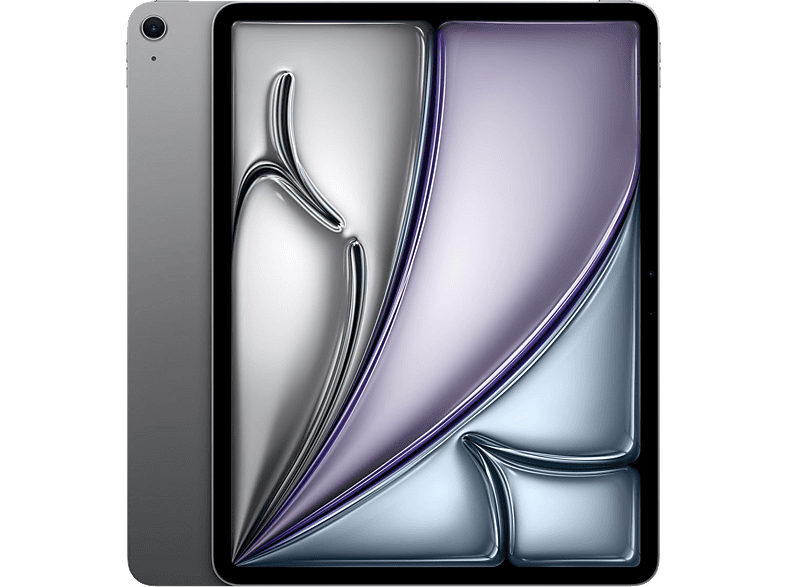 iPad argenté avec un écran affichant un motif abstrait et coloré. L'arrière de l'iPad est également argenté.