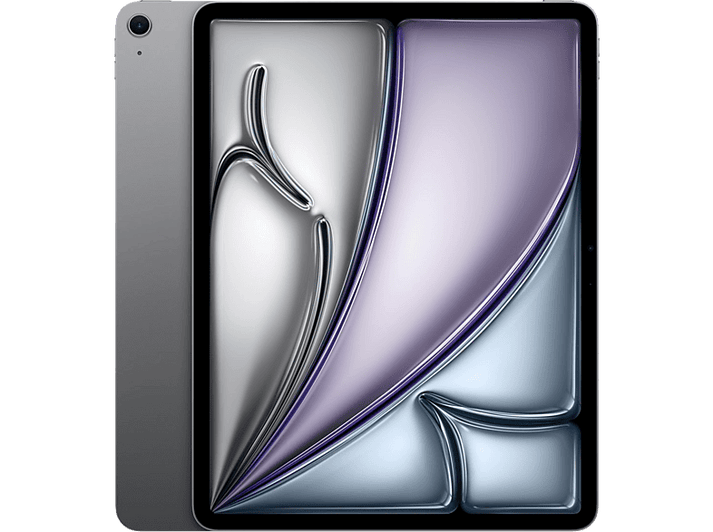 iPad argenté avec un écran affichant un motif abstrait et coloré. L'arrière de l'iPad est également argenté.