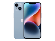 iPhone 14 bleu, montrant les vues arrière et avant.