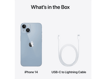 Charger l&#39;image dans la galerie, iPhone 14 bleu et câble USB-C vers Lightning blanc sur fond blanc. Texte : Contenu de la boîte.
