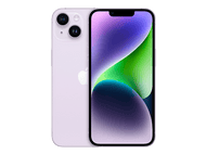 Un iPhone violet montrant l'avant et l'arrière. L'écran affiche une image abstraite colorée.