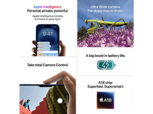 Charger l&#39;image dans la galerie, Un collage affiche un iPhone avec Siri, une mante verte sur une fleur, une batterie et une puce A18.
