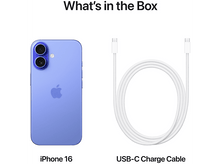 Charger l&#39;image dans la galerie, Un iPhone 16 bleu et un câble de charge USB-C blanc sont présentés sur fond blanc.
