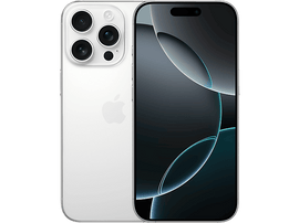 iPhone 14 Pro blanc avec caméras arrière. La vue de face montre un écran avec un fond abstrait.