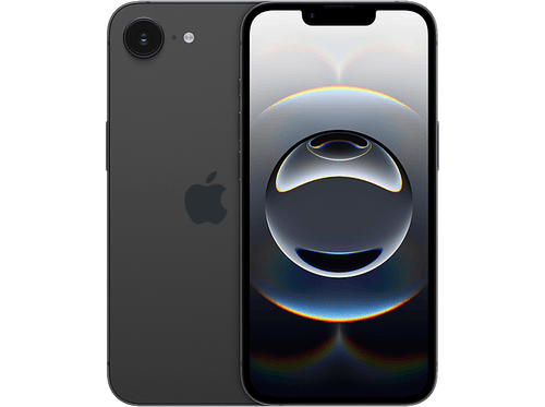 iPhone noir avec deux vues. L'arrière montre le logo Apple, l'avant une image abstraite.