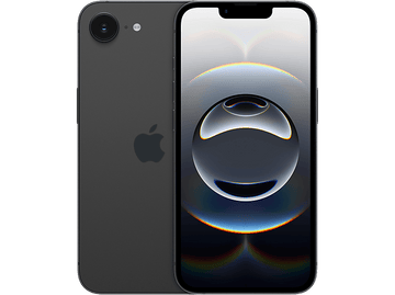 iPhone noir avec deux vues. L'arrière montre le logo Apple, l'avant une image abstraite.