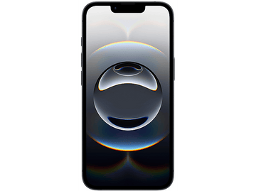 Un smartphone noir avec un écran noir, affichant un design abstrait bleu et blanc.