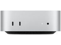 Ordinateur Mac mini argent, vue de face montrant deux ports et une lumière d'alimentation.