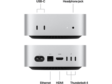 Ordinateur Mac Studio argenté avec ports étiquetés USB-C, prise casque, Ethernet, HDMI et Thunderbolt 4.