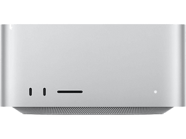 Ordinateur Mac Studio argenté, vue de face. Fond noir.