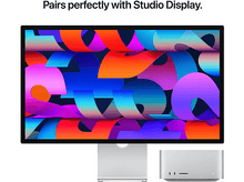 Charger l&#39;image dans la galerie, Apple Studio Display et Mac Studio sur une surface blanche, avec un fond abstrait coloré.
