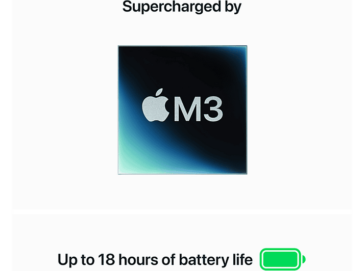 L'image montre le logo de la puce M3 avec le texte 'Supercharged by' au-dessus et la durée de vie de la batterie en dessous.