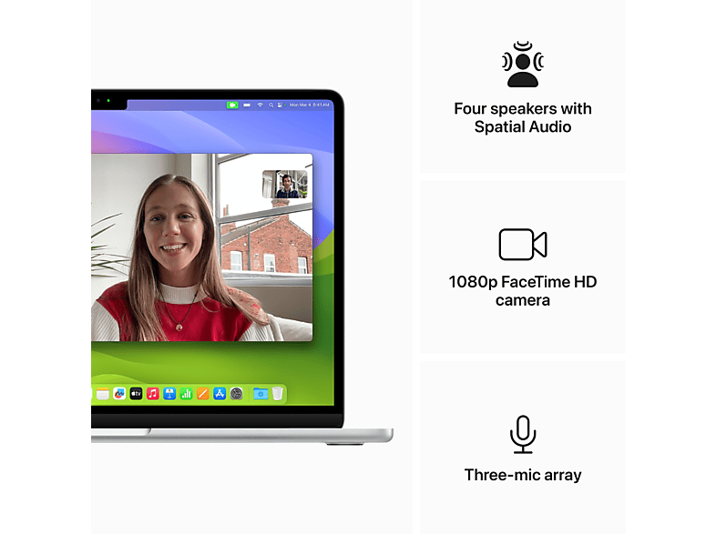 Écran d'ordinateur portable montrant un appel vidéo, avec les fonctionnalités décrites.