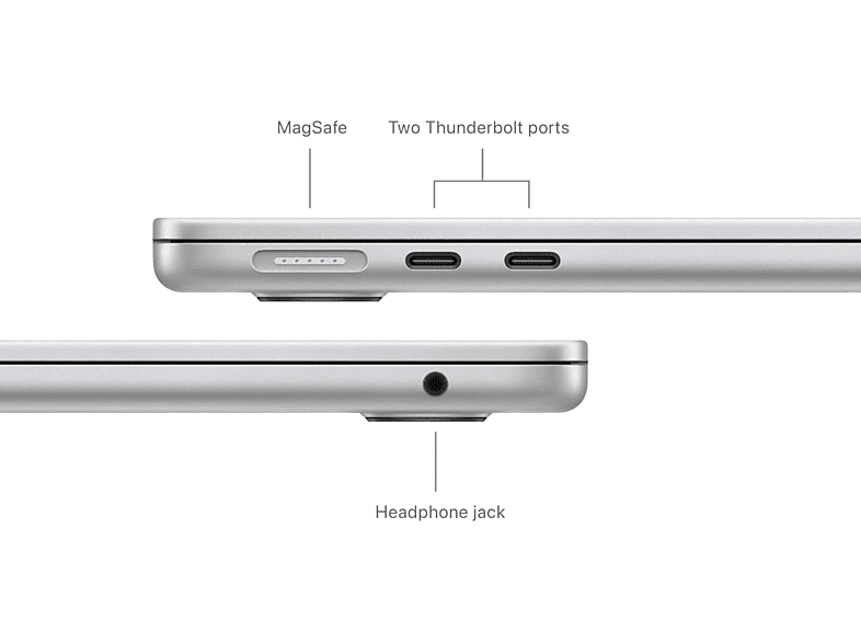 Vue latérale d'un ordinateur portable argenté avec MagSafe, deux ports Thunderbolt et prise casque.