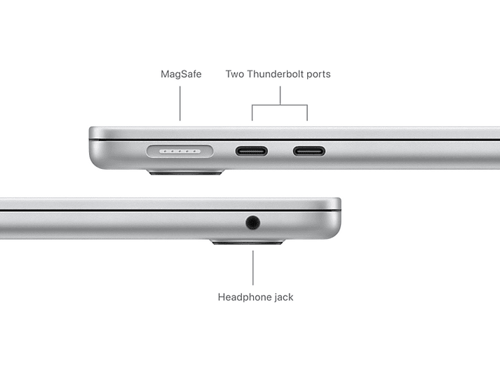 Vue latérale d'un ordinateur portable argenté avec MagSafe, deux ports Thunderbolt et prise casque.