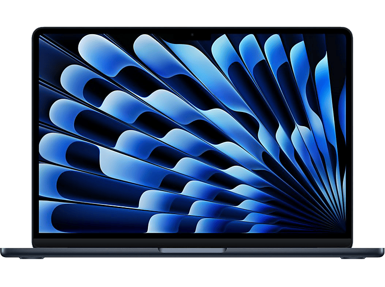 Ordinateur portable bleu foncé sur fond noir. Écran avec design abstrait bleu.