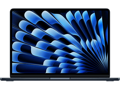 Ordinateur portable bleu foncé sur fond noir. Écran avec design abstrait bleu.