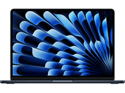 Ordinateur portable bleu foncé sur fond noir. Écran avec design abstrait bleu.