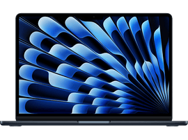 Ordinateur portable bleu foncé sur fond noir. Écran avec design abstrait bleu.