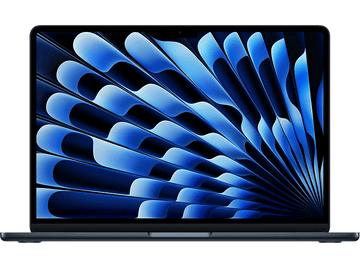 Ordinateur portable bleu foncé sur fond noir. Écran avec design abstrait bleu.