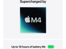 Charger l&#39;image dans la galerie, Fond blanc avec le texte &#39;Supercharged by&#39; au-dessus d&#39;un graphique vert et bleu avec le logo M4 d&#39;Apple.
