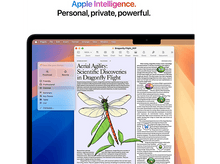 Charger l&#39;image dans la galerie, Publicité Apple avec un MacBook ouvert sur une table. Illustration de libellule visible. Texte : Personnel, privé, puissant.
